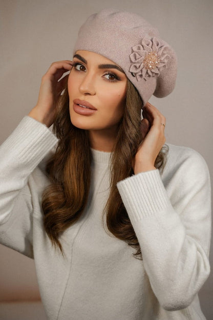 Luxurious Kamea peony flower beret in wool, showcasing intricate handmade details and shiny beads, perfect accessory for winter wardrobes.