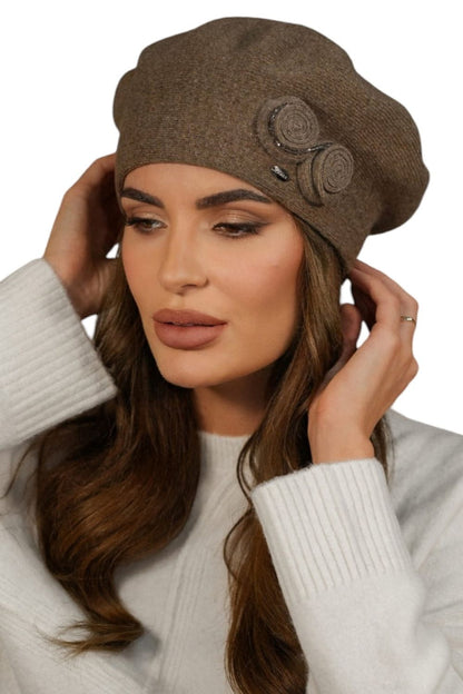 Kamea Light Brown Wool Beret for Women, an elegant and stylish winter accessory featuring a distinctive high stem and beaded details, perfect for adding sophistication to any cold weather outfit.