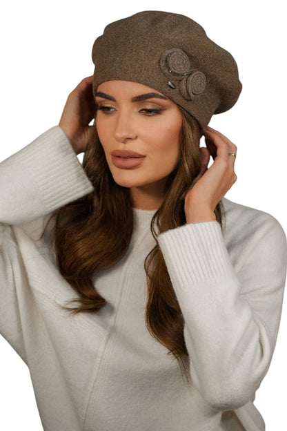Close-up view of the luxurious Kamea Light Brown Wool Beret, showcasing the intricate shiny bead embellishments that enhance its glamorous appeal, ideal for fashionable winter ensembles.
