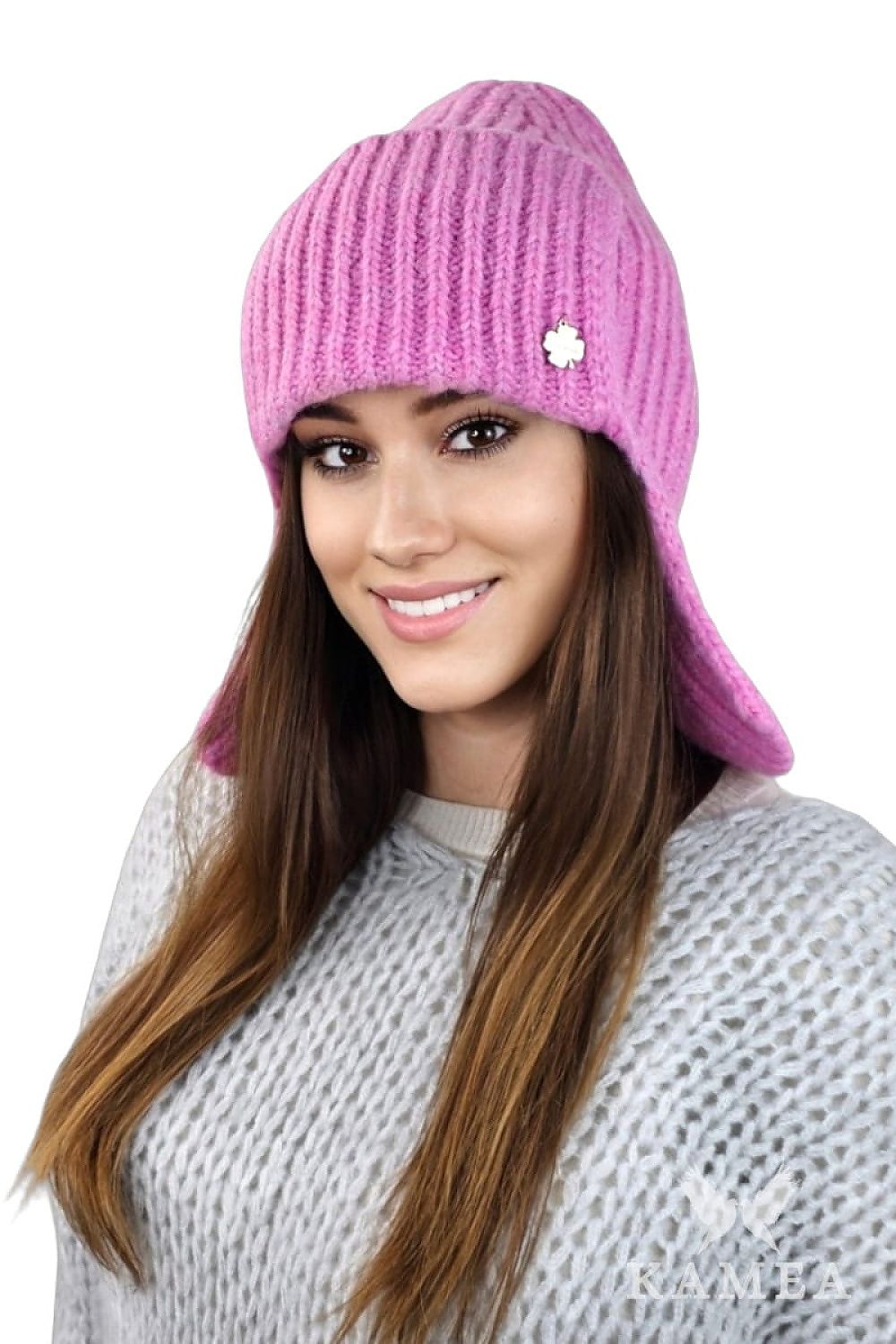 Kamea Amethyst earflap hat, a luxurious fluffy winter hat for women featuring ears and a classic stripe design, perfect for spring and autumn wear.