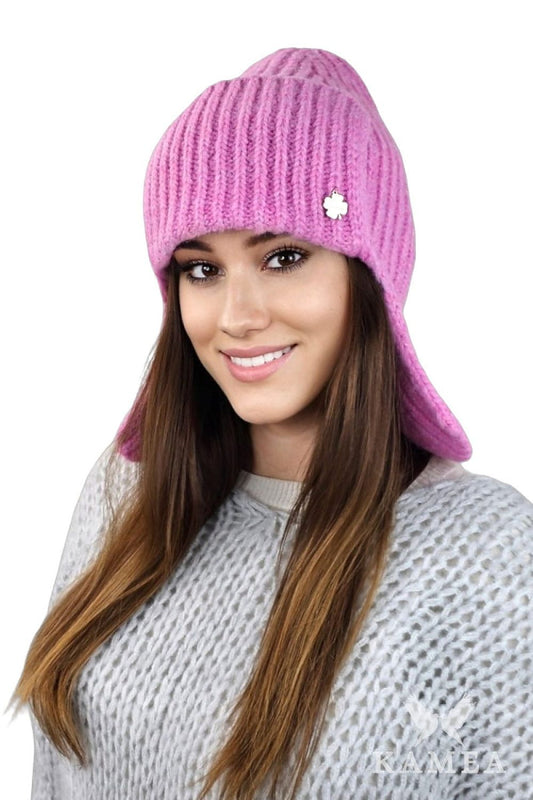 Kamea Amethyst earflap hat, a luxurious fluffy winter hat for women featuring ears and a classic stripe design, perfect for spring and autumn wear.