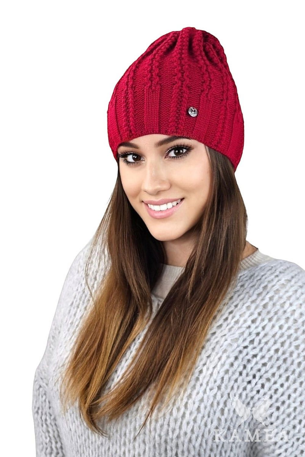 Kamea Filona Women's red hat with stylish knit cuff and cozy fleece lining, perfect for luxurious warmth during cold seasons.
