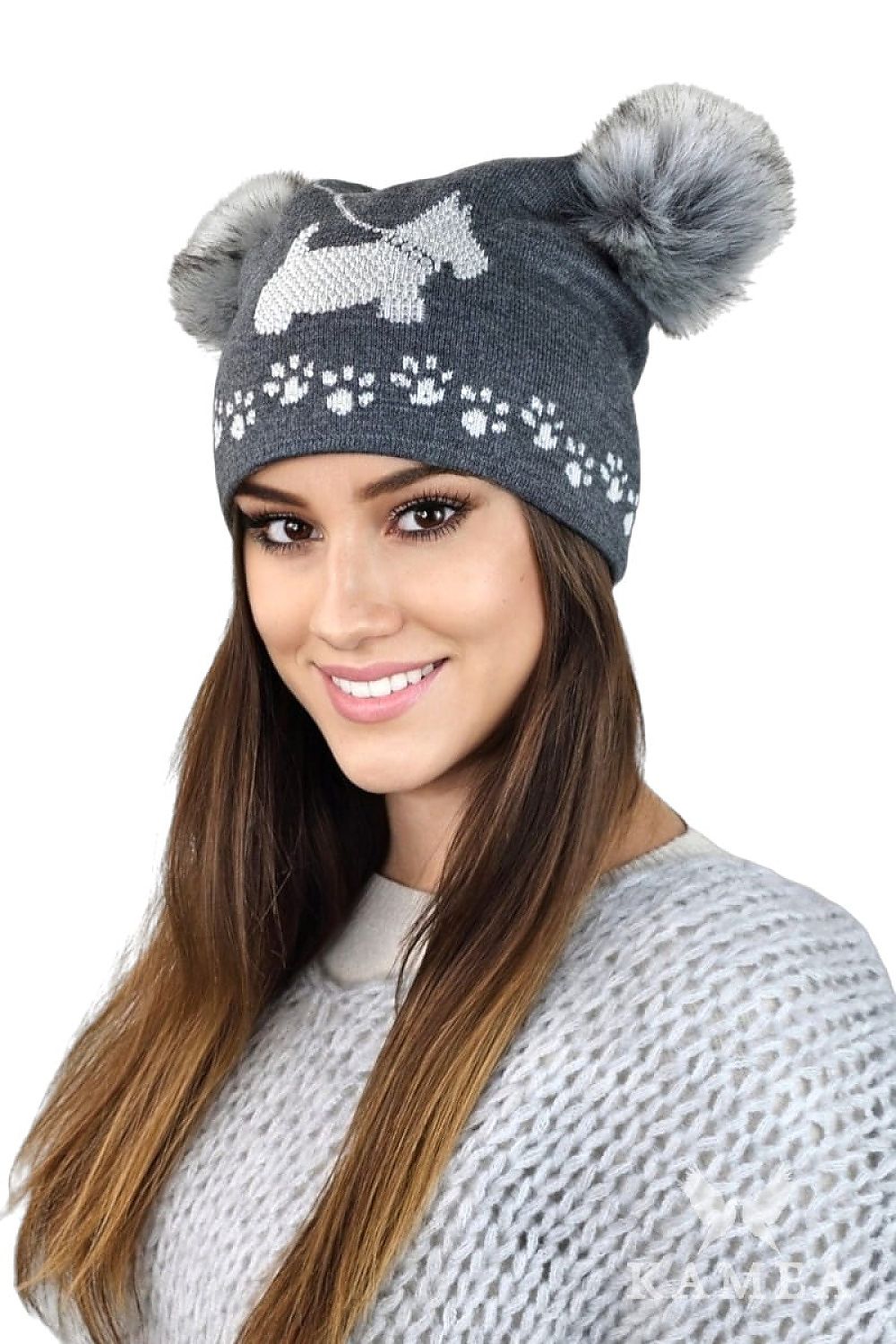 Luxurious Kamea Avril Dark Gray Youth Winter Hat with Pompoms, crafted from a warm wool blend, featuring a stylish design and comfortable fit for cold weather.