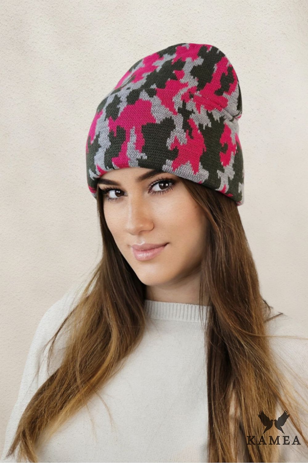 Kamea Ventura Beanie in khaki, showcasing its stylish camouflage pattern and luxurious design for winter fashion.