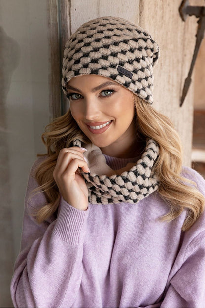 Kamea Boston Winter Set including a luxurious honey colour polar hat with eco leather logo and elegant tube scarf, perfect for winter style.