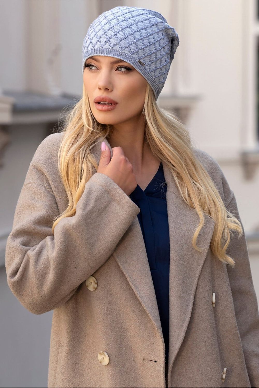 Kamea Centuria luxurious blue viscose hat featuring a geometric diamond pattern, perfect for cool autumn-winter days.