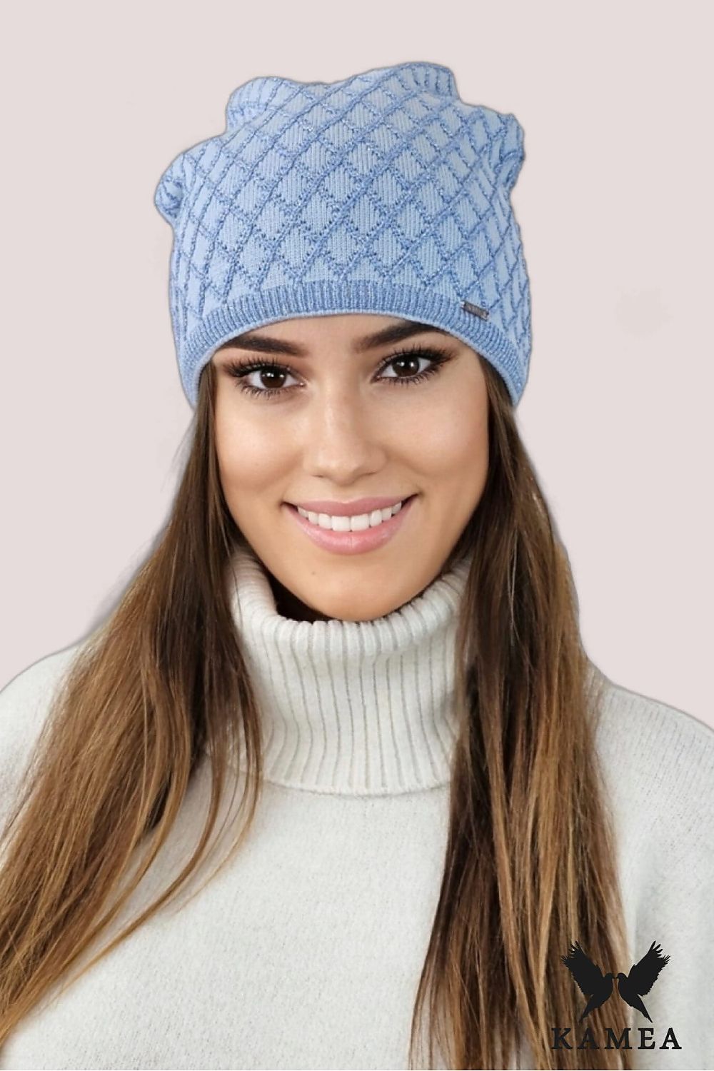 Kamea Centuria hat in elegant blue, showcasing a refined geometric diamond pattern and charming bow detail.