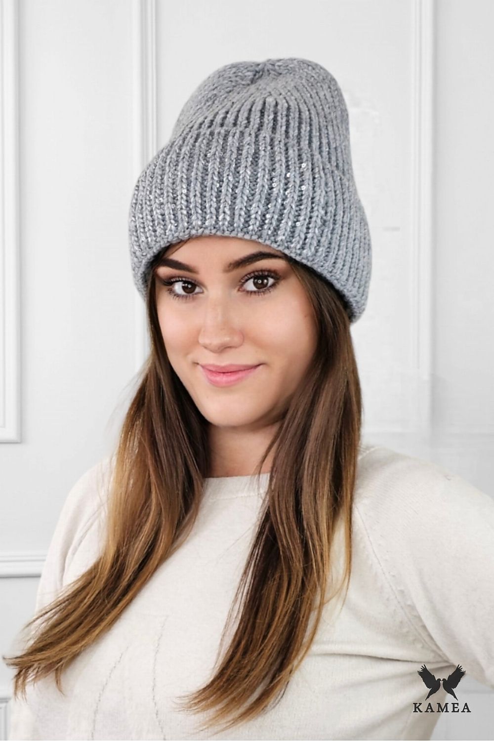 Luxury GINNY Winter Hat by Kamea - Elegant gray knit beanie adorned with sequins, crafted from high-quality wool for ultimate comfort.