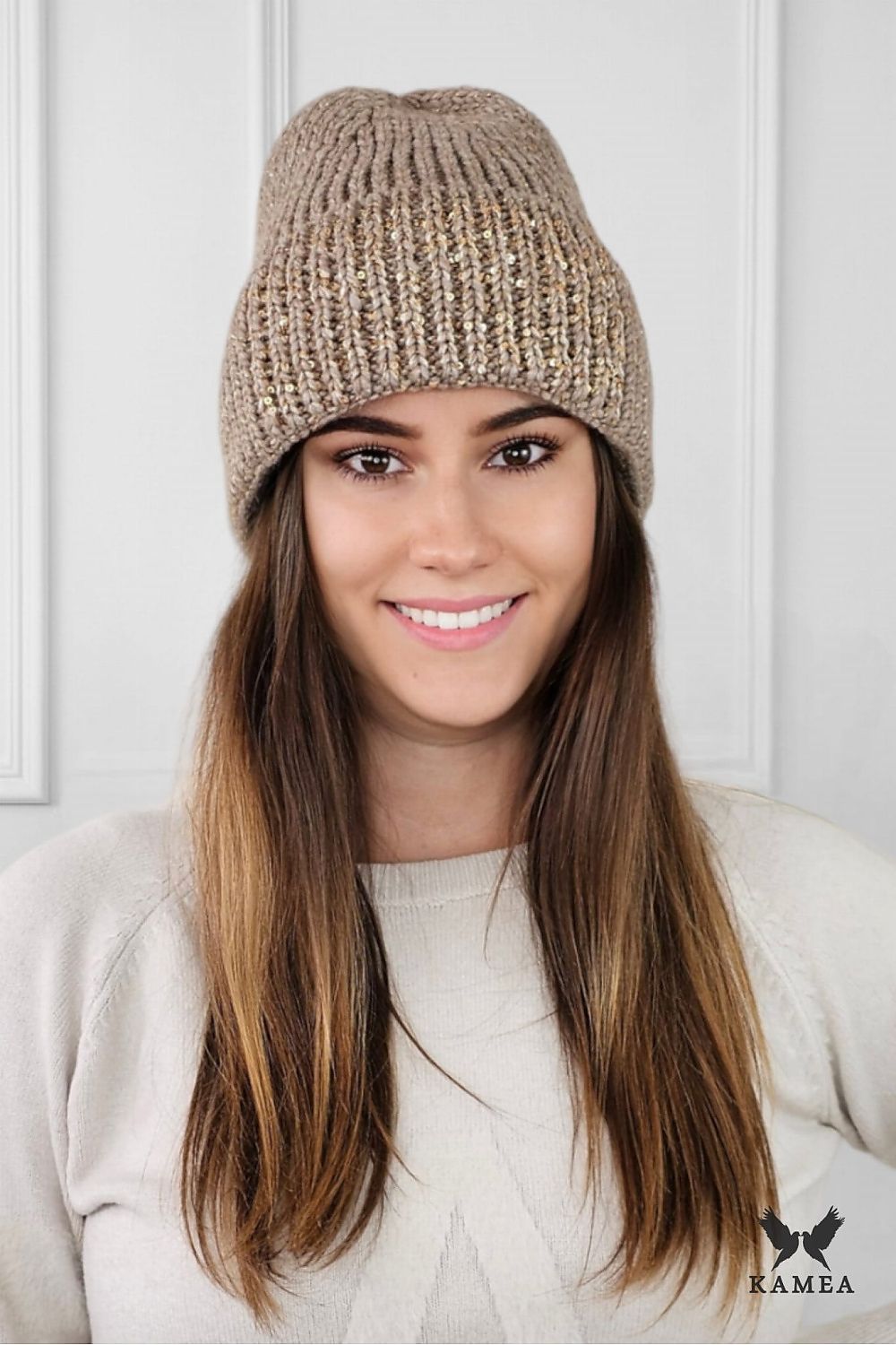Chic GINNY Winter Hat by Kamea - Premium gray wool knit beanie designed with sequin detailing for a touch of sparkle in cold weather.