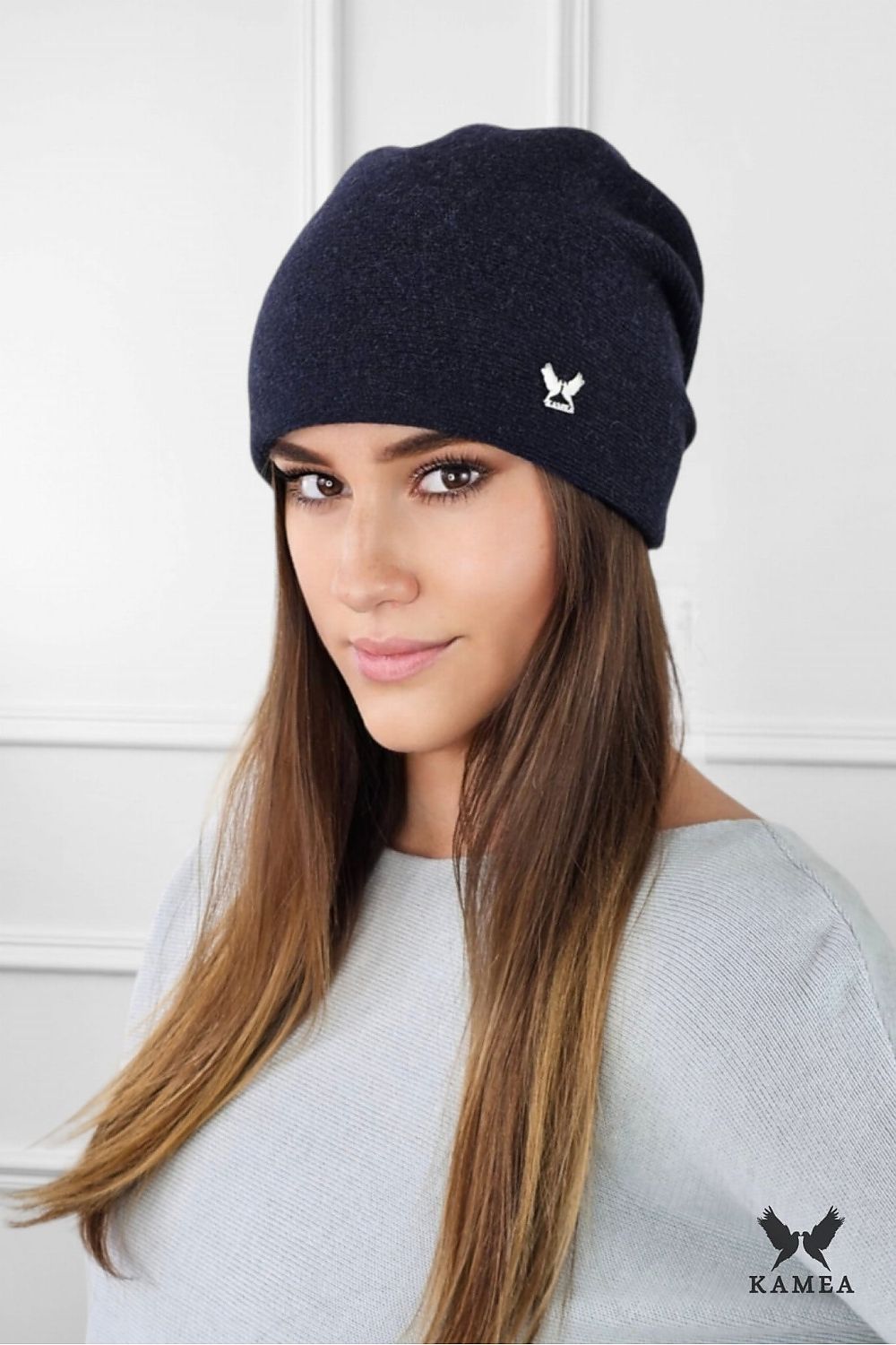 Kamea LILY navy blue woolen women's hat featuring brand logo, elegant design for autumn and winter fashion.