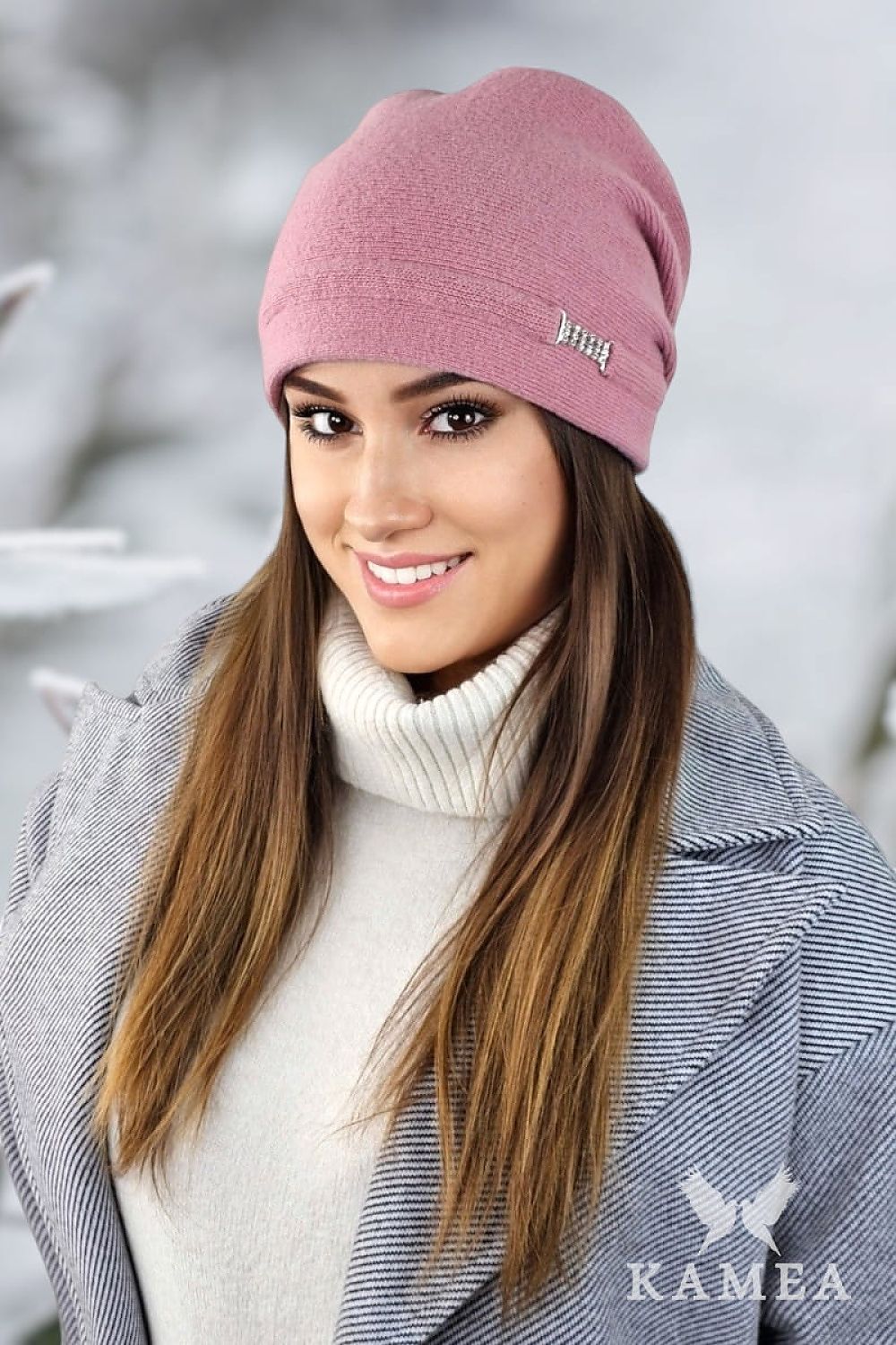 Luxury Women's Woolen Hat in Ash Rose by Kamea, adorned with elegant zircons, perfect for autumn-winter style.