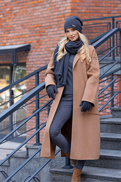 Kamea Leonora Women's Woolen Hat styled with coordinating scarf and gloves, ideal for chic winter looks.