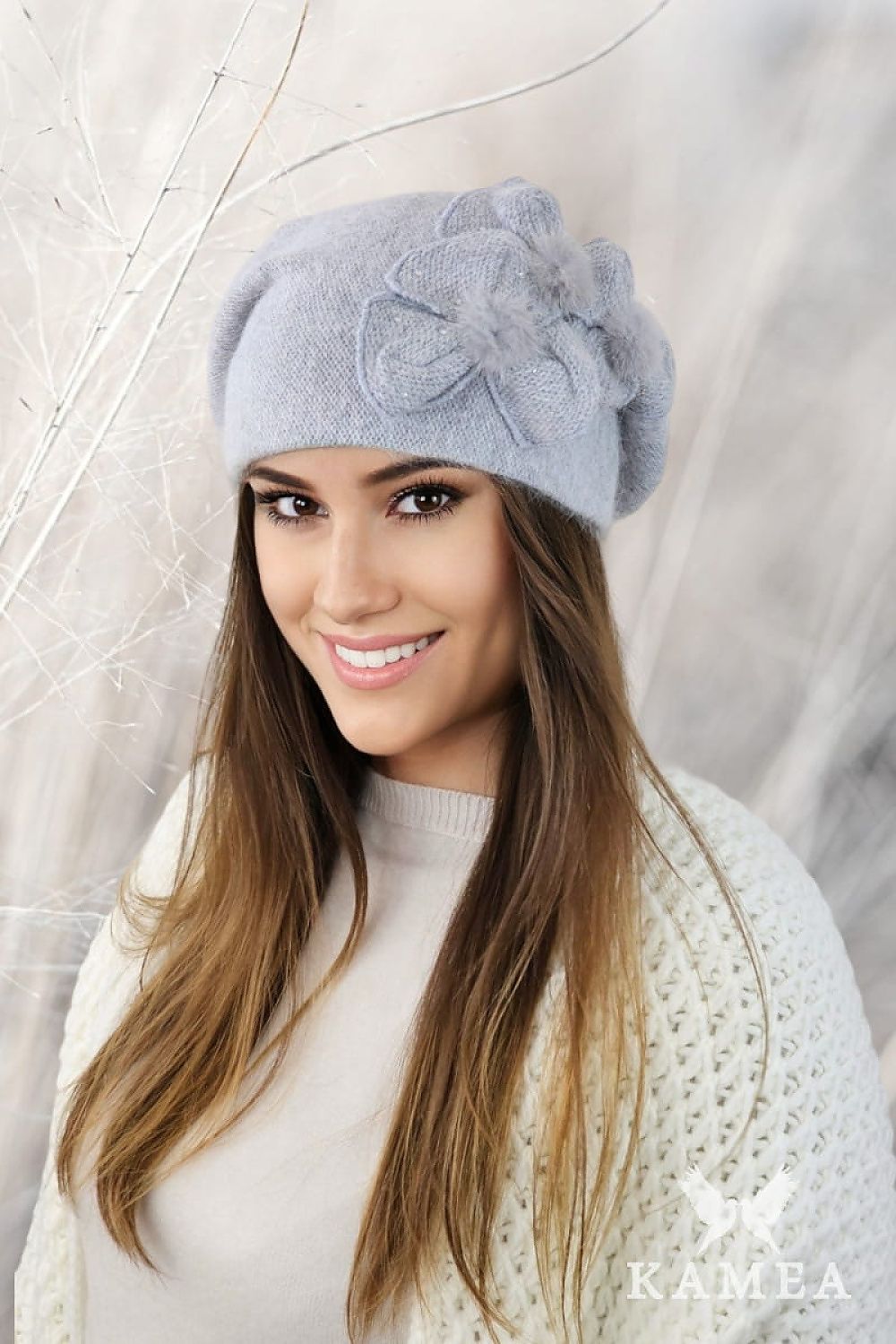 Elegant gray angora beret by Kamea featuring luxurious floral fur trim and shimmering zircon embellishments, perfect for sophisticated winter fashion.