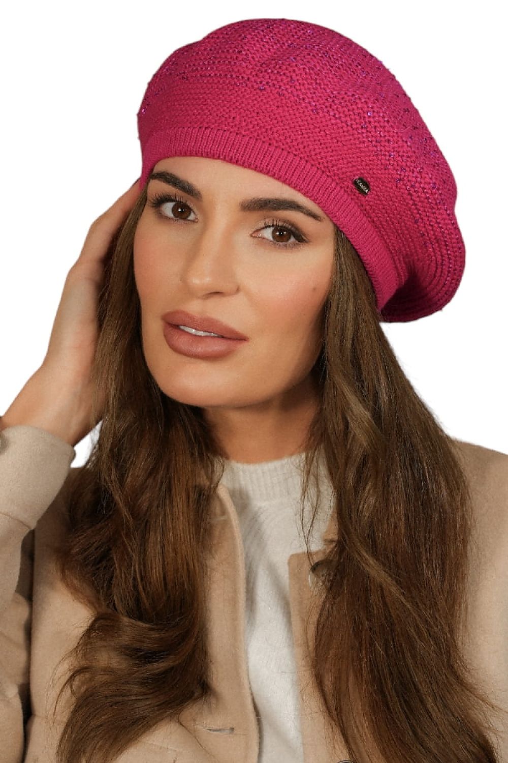 Luxurious Kamea Peony sequin beret featuring a soft raspberry polar insert, perfect for winter elegance.