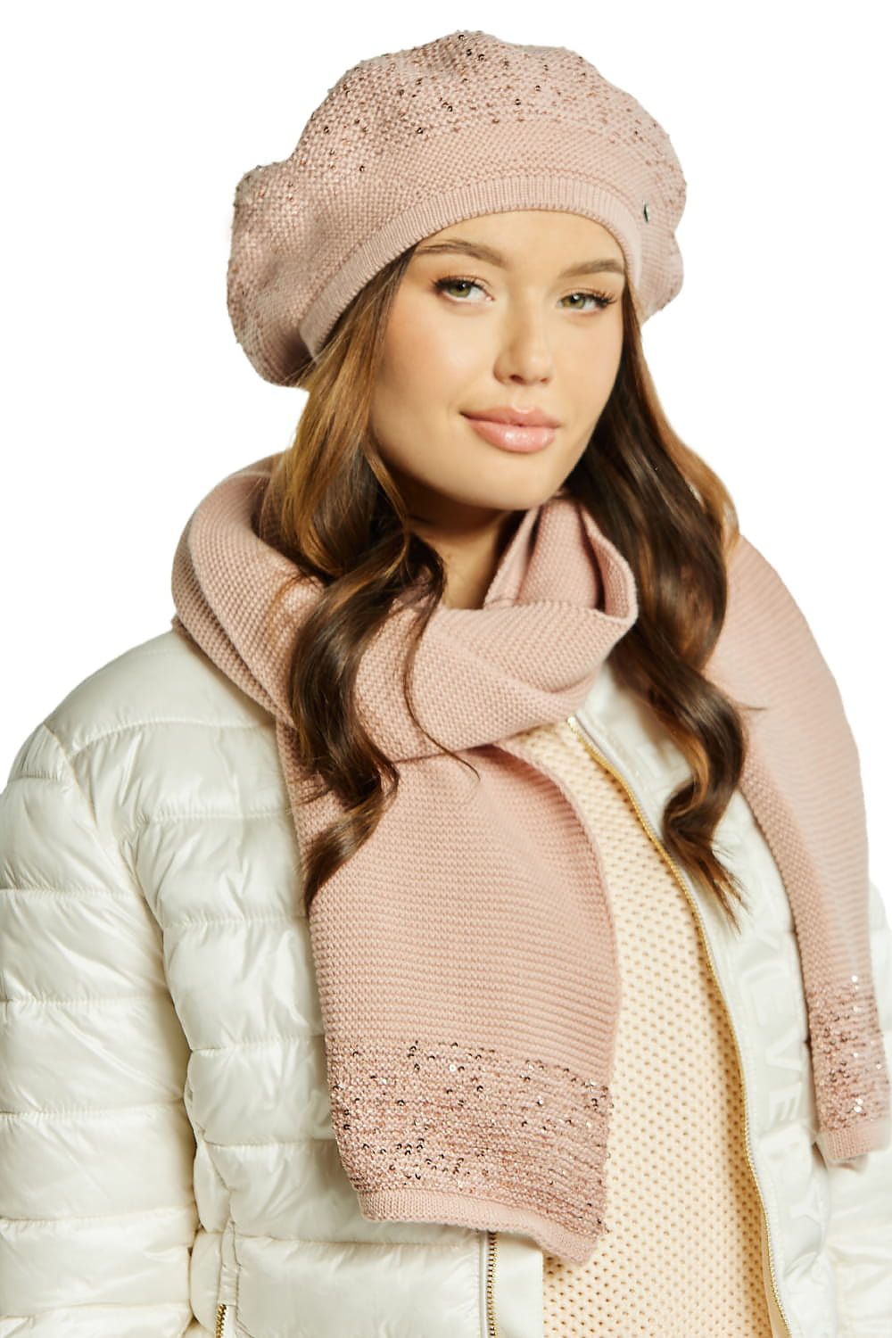 Kamea Peony beret displayed elegantly, highlighting its unique texture and sophisticated design adorned with sequins.