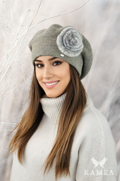 Stylish SASANKA beret with a chic pepita pattern and rabbit fur decoration, showcasing exquisite craftsmanship and warmth for winter wear.