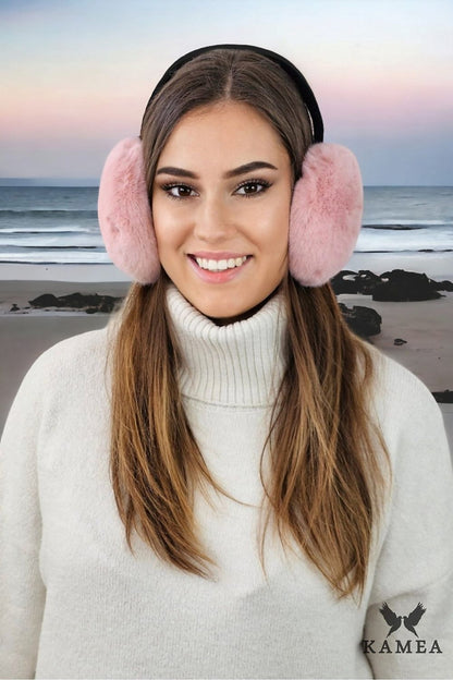 Elegant Kamea ASTER pink earmuffs, featuring velour inside for added sophistication, designed to provide warmth and comfort during winter activities.