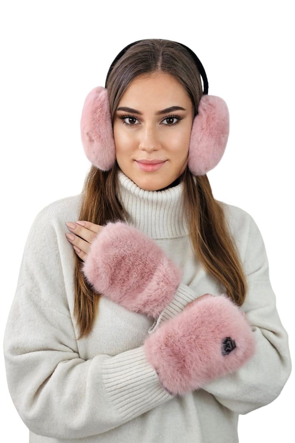 Foldable Kamea ASTER faux fur earmuffs in pink, adorned with a silver brand plaque, ideal for practical storage and chic winter outings.