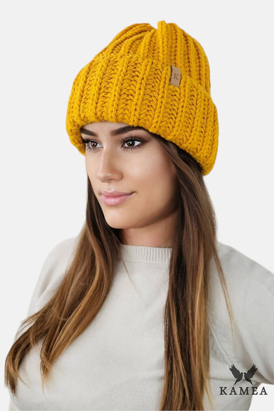 Kamea Landa Thick Mustard Winter Hat showcasing luxurious wool blend and polar fleece lining, designed for ultimate warmth and style in cold weather.