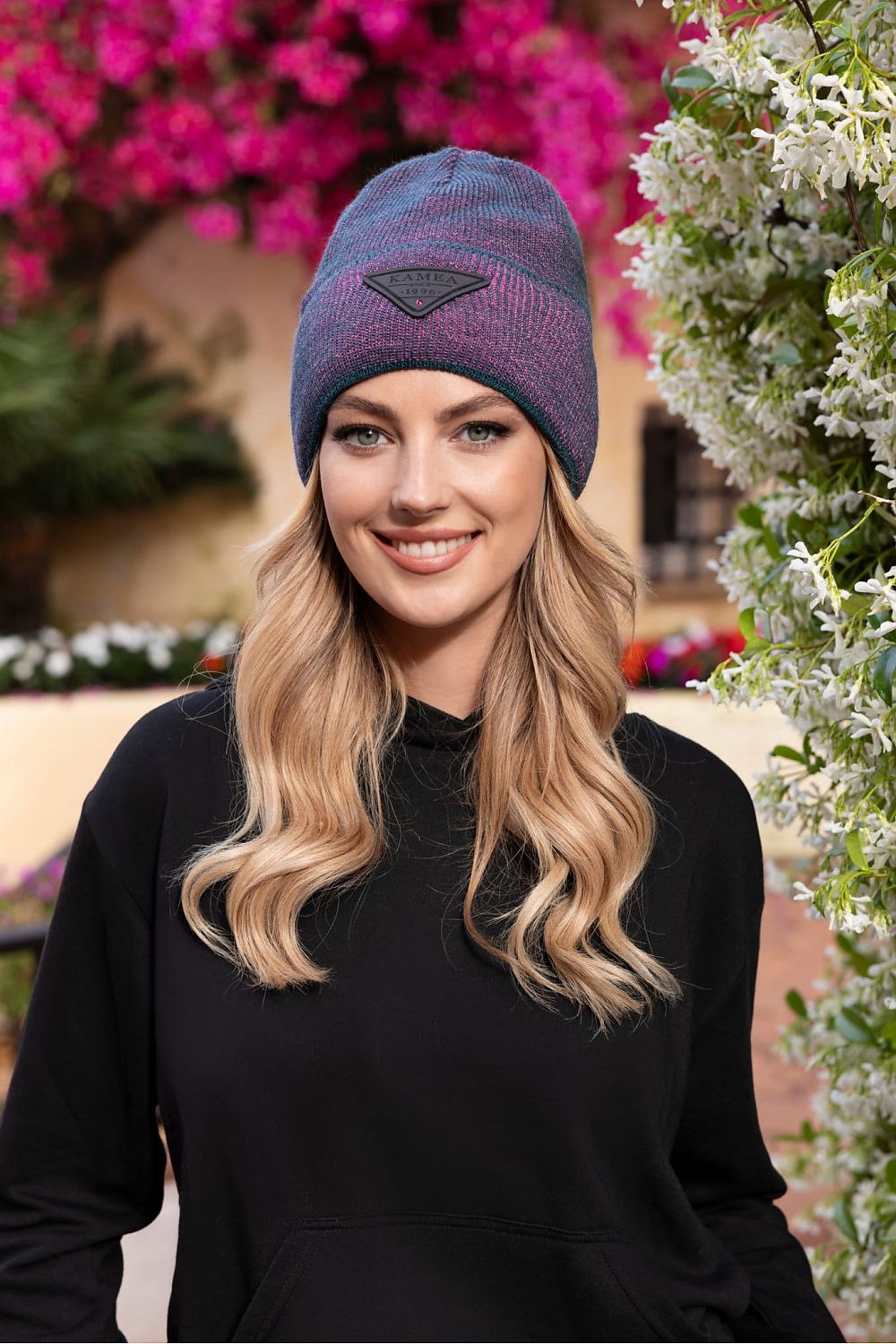 Close-up of the Kamea Naomi Beanie highlighting the intricate knit pattern and warm texture, ideal for stylish winter wear.