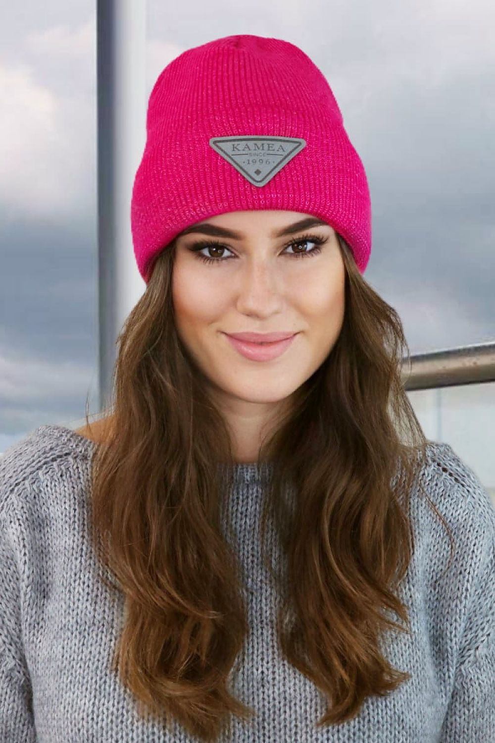 Kamea Naomi Beanie - Luxurious two-tone winter hat featuring eco-leather patch, EU size 56-58, perfect for stylish warmth.