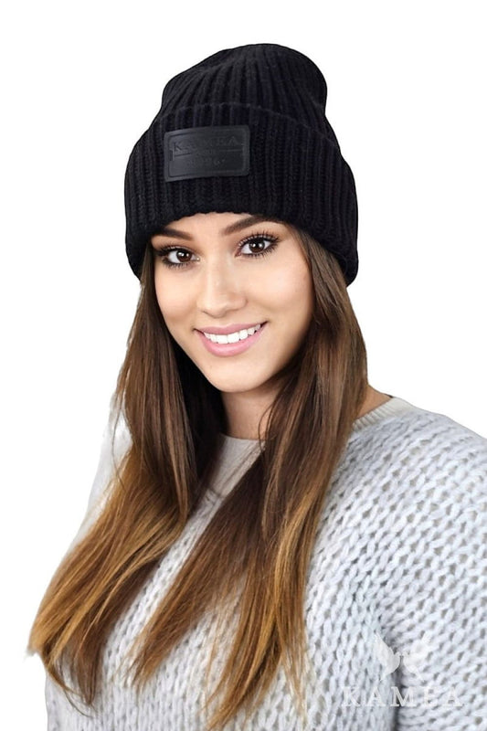 Kamea Leticia Luxury Dark Grey Striped Cashmere Hat with Eco-Leather Logo, perfect for stylish warmth on cold days.