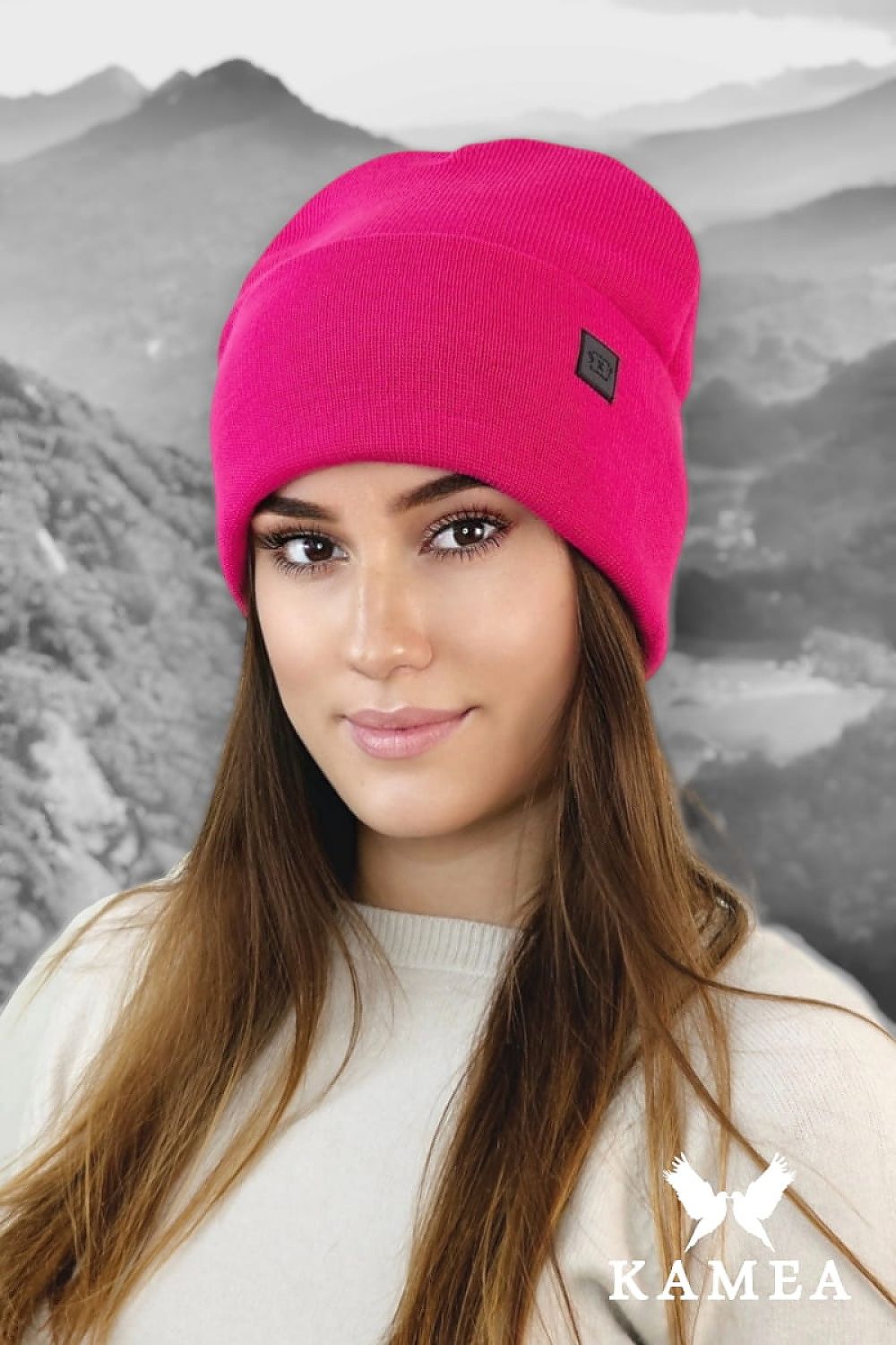 SALLY Khaki Beanie Hat by Kamea displayed elegantly on a model, showcasing its stylish warmth and eco-leather patch.