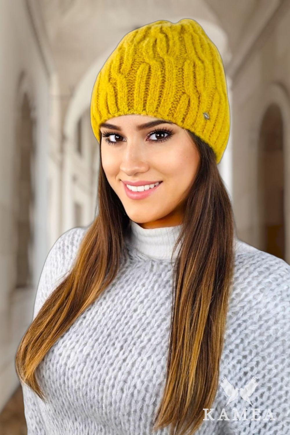 Luxury GIZMA olive polar fleece winter hat showcasing its soft and warm texture, perfect for cold days, designed by Kamea.