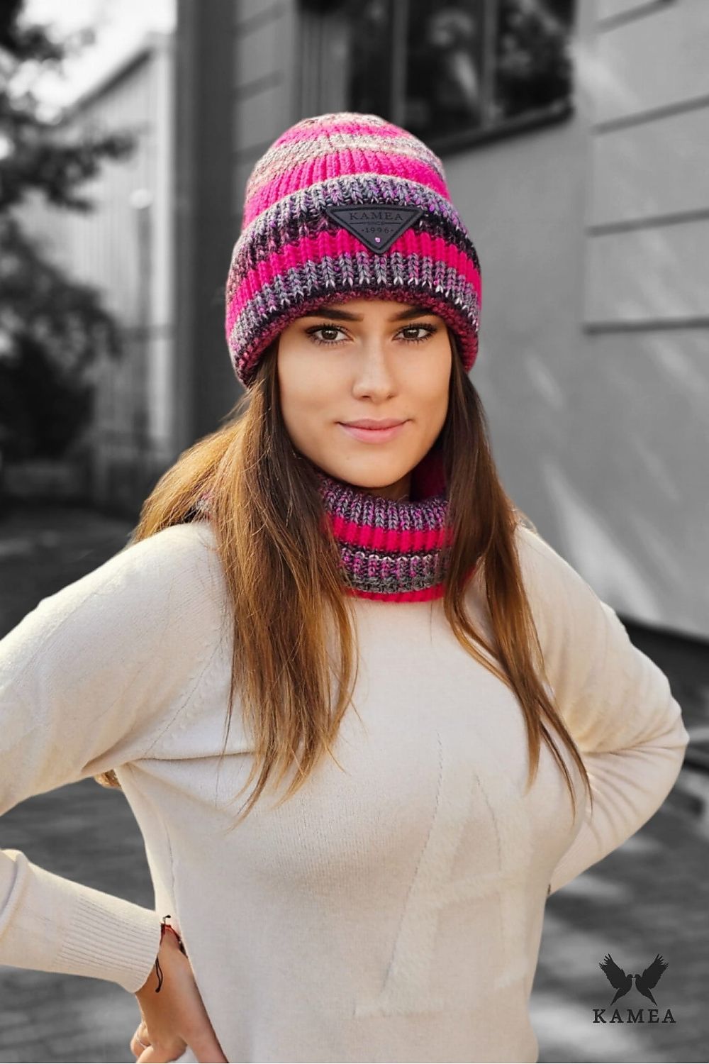 Kamea Muscari Striped Sequin Winter Hat in Raspberry - Luxurious alpaca blend with elegant sequins, perfect for a stylish winter look.