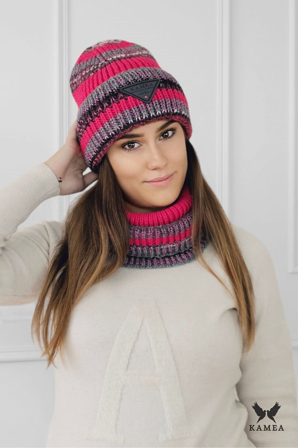 Kamea Muscari striped sequin winter hat in raspberry colour, featuring luxurious alpaca blend for warmth and style.