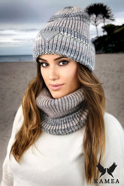 Close-up of Kamea Muscari winter hat showcasing intricate striped sequin design, plush alpaca blend fabric, and chic eco-leather logo, ideal for fashion-forward cold weather accessorising.