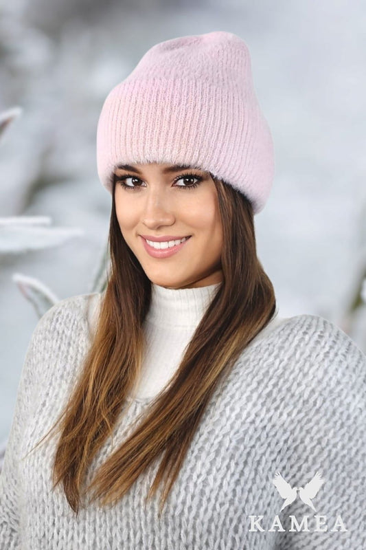 Elegant BENITA Luxury Alpaca Knit Hat by Kamea featuring a stylish pink cuff, designed for a luxurious winter look.