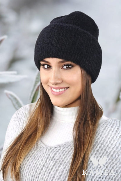 Benita Luxury Alpaca Knit Hat by Kamea in soft alpaca yarn, showcasing a chic pink cuff and perfect fit for winter elegance.