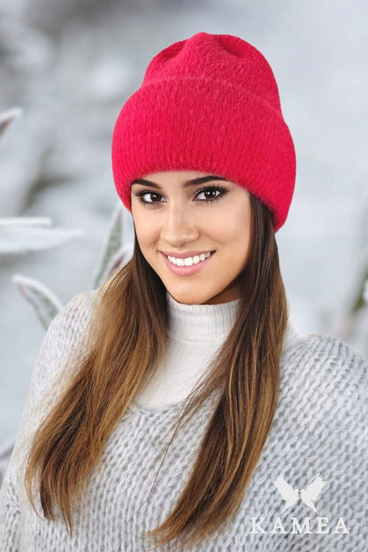 Close-up view of Kamea's BENITA Luxury Alpaca Knit Hat showcasing the soft alpaca yarn texture and charming pink cuff details.