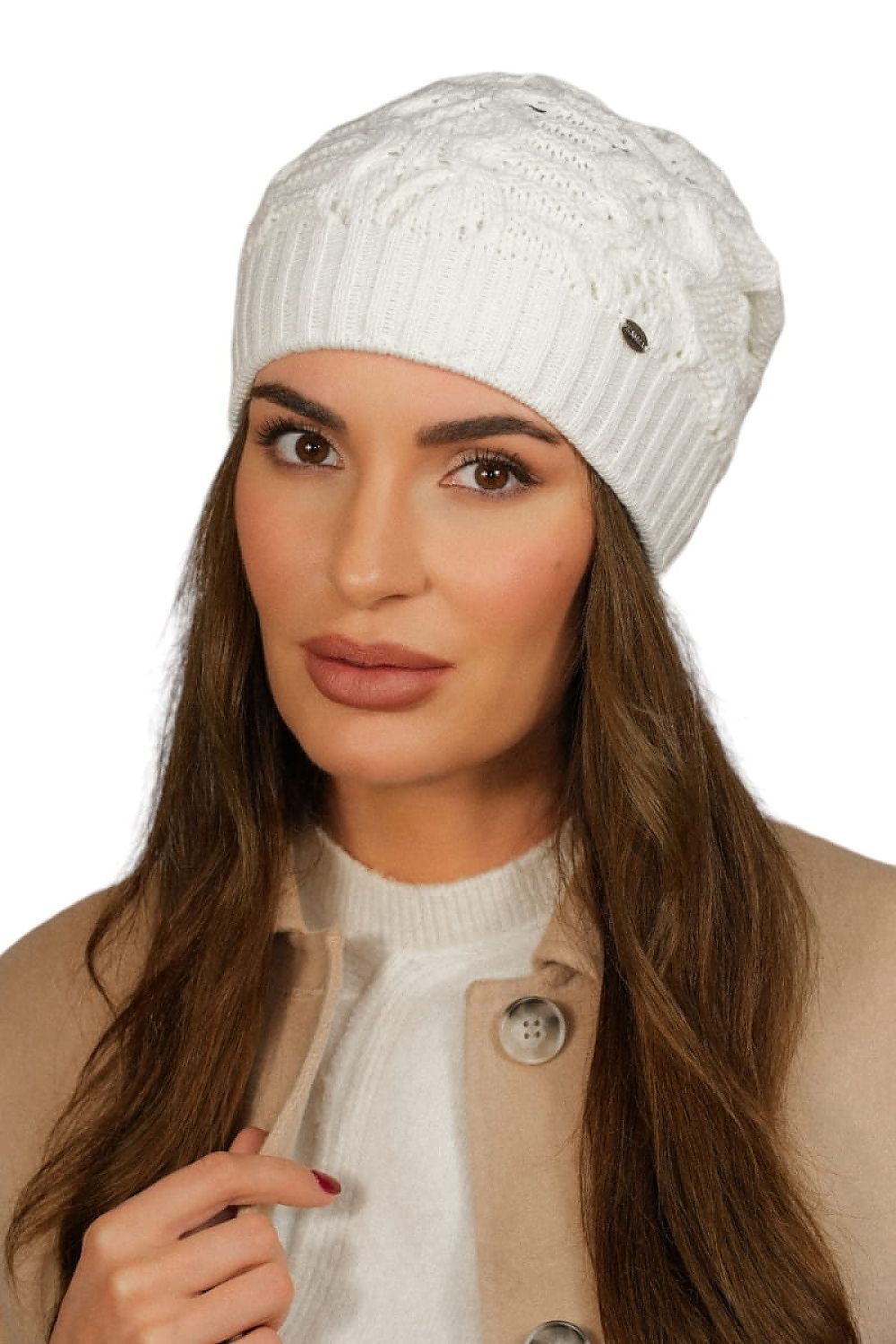 Luxury ecru women's winter hat Kamila by Kamea, crafted from a soft wool blend for comfort and warmth, featuring a classic design and unique openwork transitions.