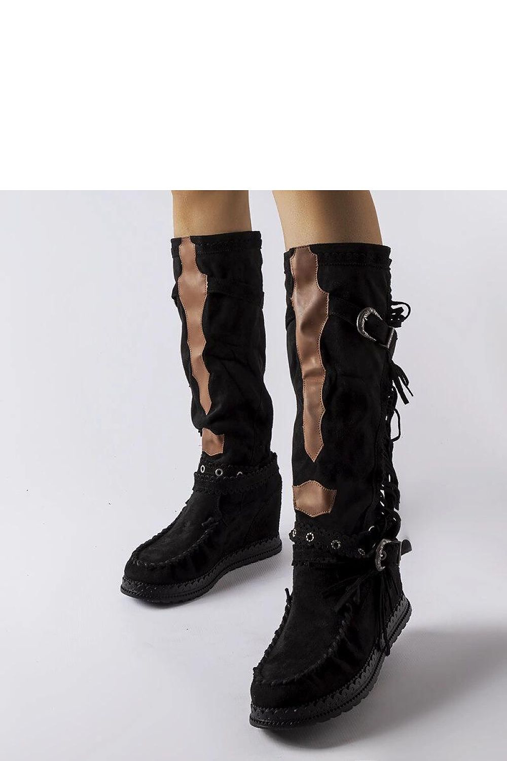 Close-up of Solea brown covered-heel buskin boots, highlighting the 8 cm heel, luxurious eco-leather finish, and standout detail, ideal for chic autumn fashion.