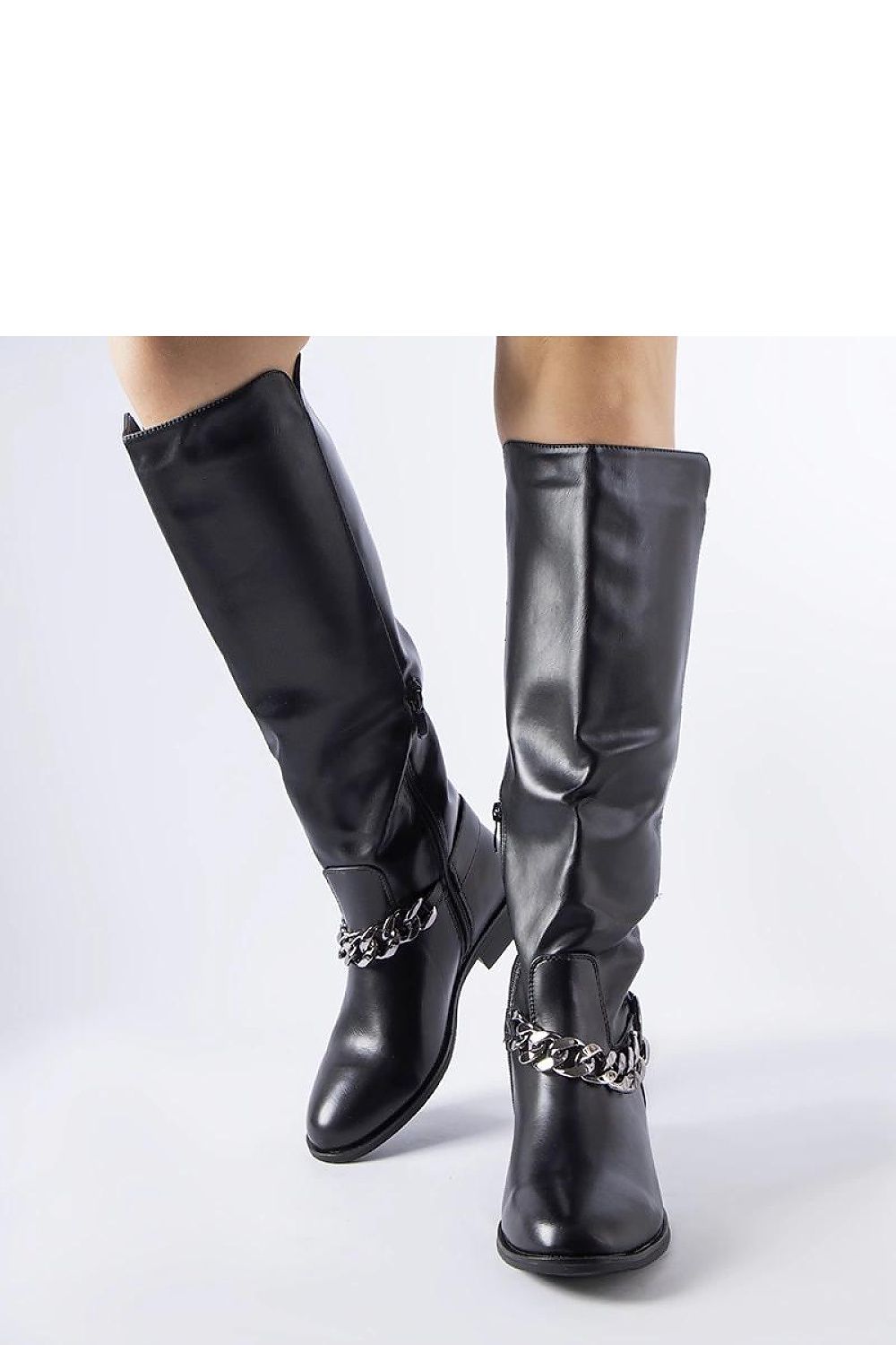 Elegant Solea black chain thigh-high boots, featuring high-quality eco leather and practical side zipper for easy wear.