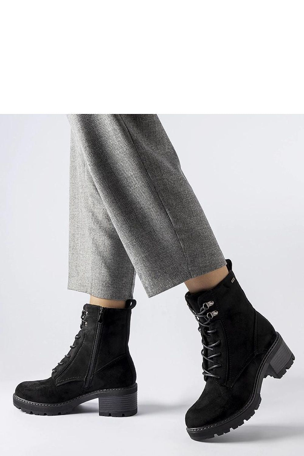 Close-up of Solea Clementina Black Block Heel Boots, highlighting the luxurious eco leather finish and adjustable tie for comfort and style.