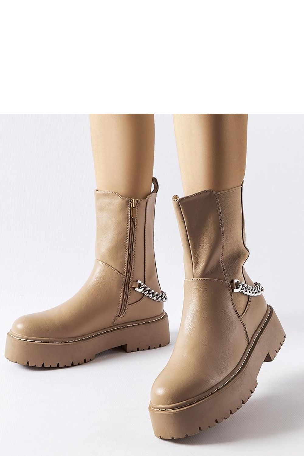 Elegant Solea beige eco-leather chain-embellished winter boots, showcasing a stylish design and practical zipper for easy wear, perfect for adding sophistication to any winter outfit.