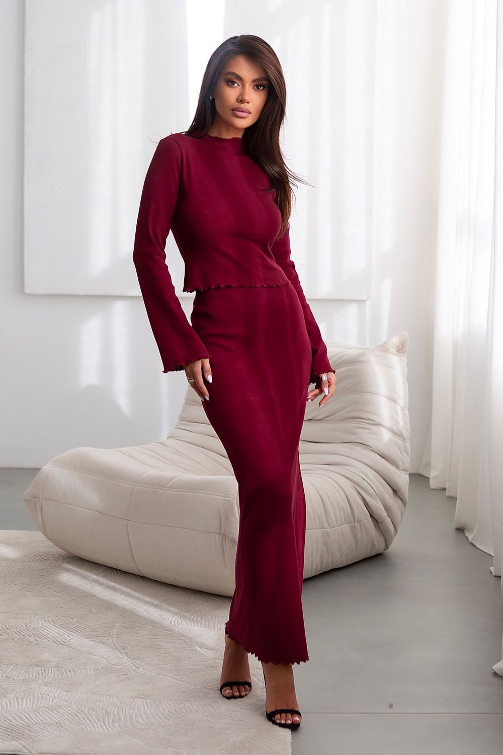 Chic IVON fashion ensemble highlighting the unique waistband and premium fabric of the stylish skirt.