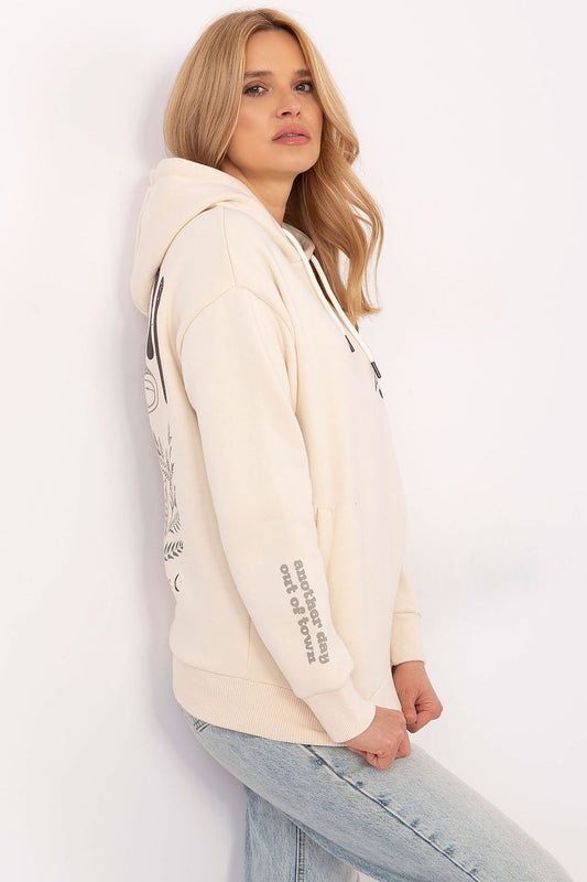 Sublevel's stylish women's sweatshirt with hood and intricate prints, ideal for a chic casual look.