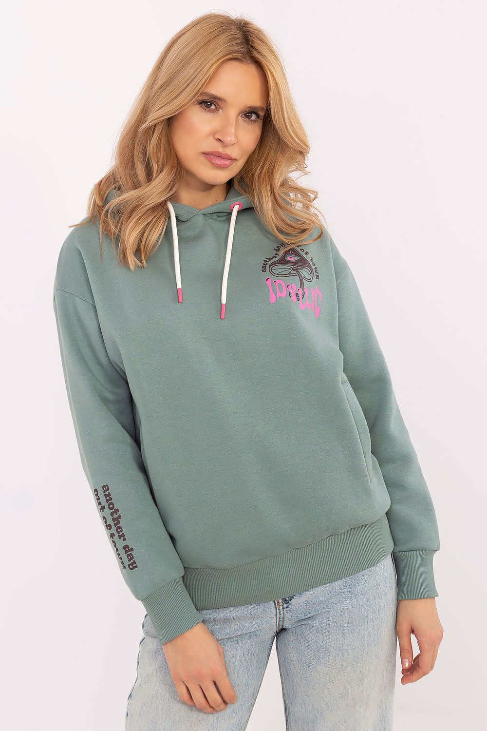 Sublevel luxurious women's hoodie sweatshirt, showcasing prints on back and sleeves, ideal for versatile stylish outfits.