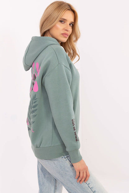 Luxurious women's casual sweatshirt with hood, featuring trendy prints and writings from Sublevel, designed for comfort and style, available in EU sizes XS to XL.