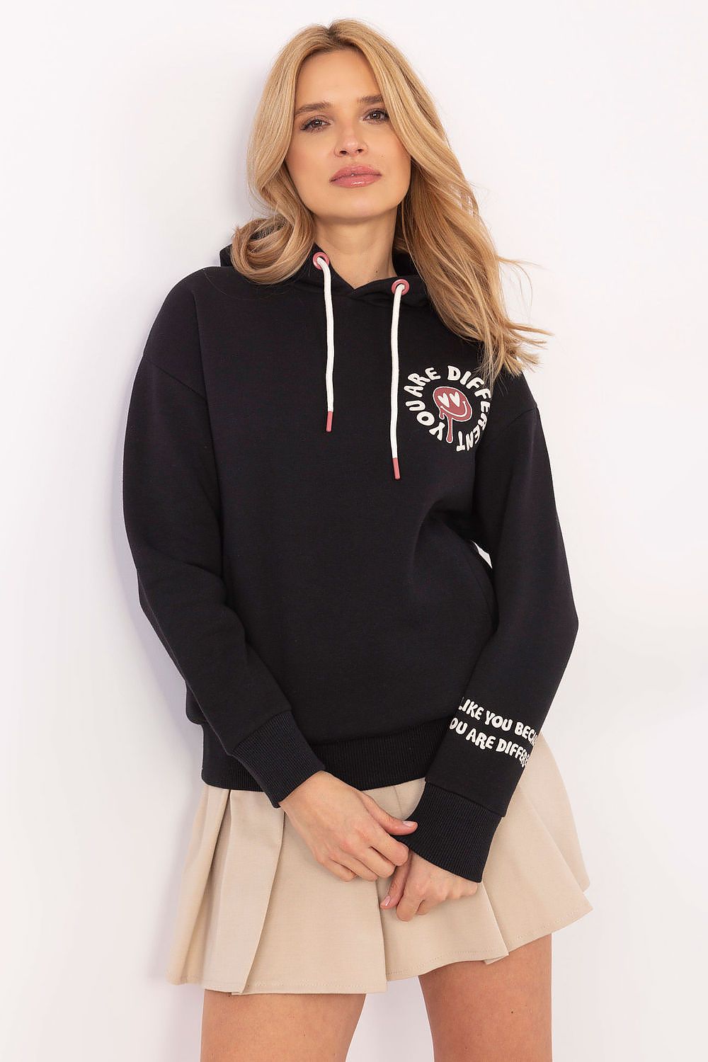 Luxurious women's casual sweatshirt by Sublevel featuring a modern design with a hood, perfect for stylish everyday wear.