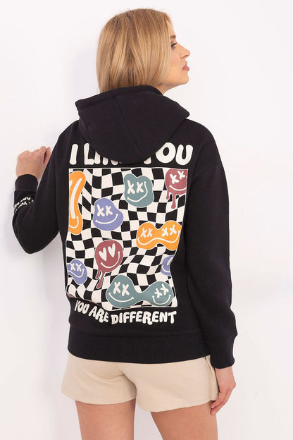 Fashionable women's sweatshirt by Sublevel showcasing trendy prints and inscriptions, ideal for cooler days with a classy touch.