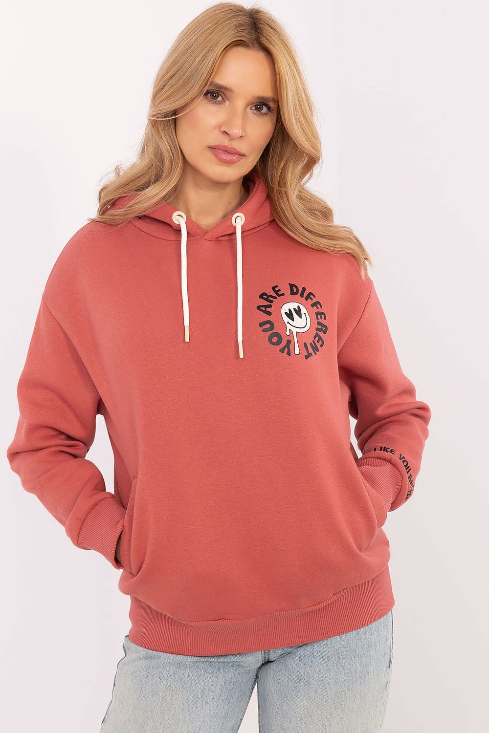 Luxurious casual women's sweatshirt with hood from Sublevel, featuring a modern design and stylish prints, perfect for everyday wear.