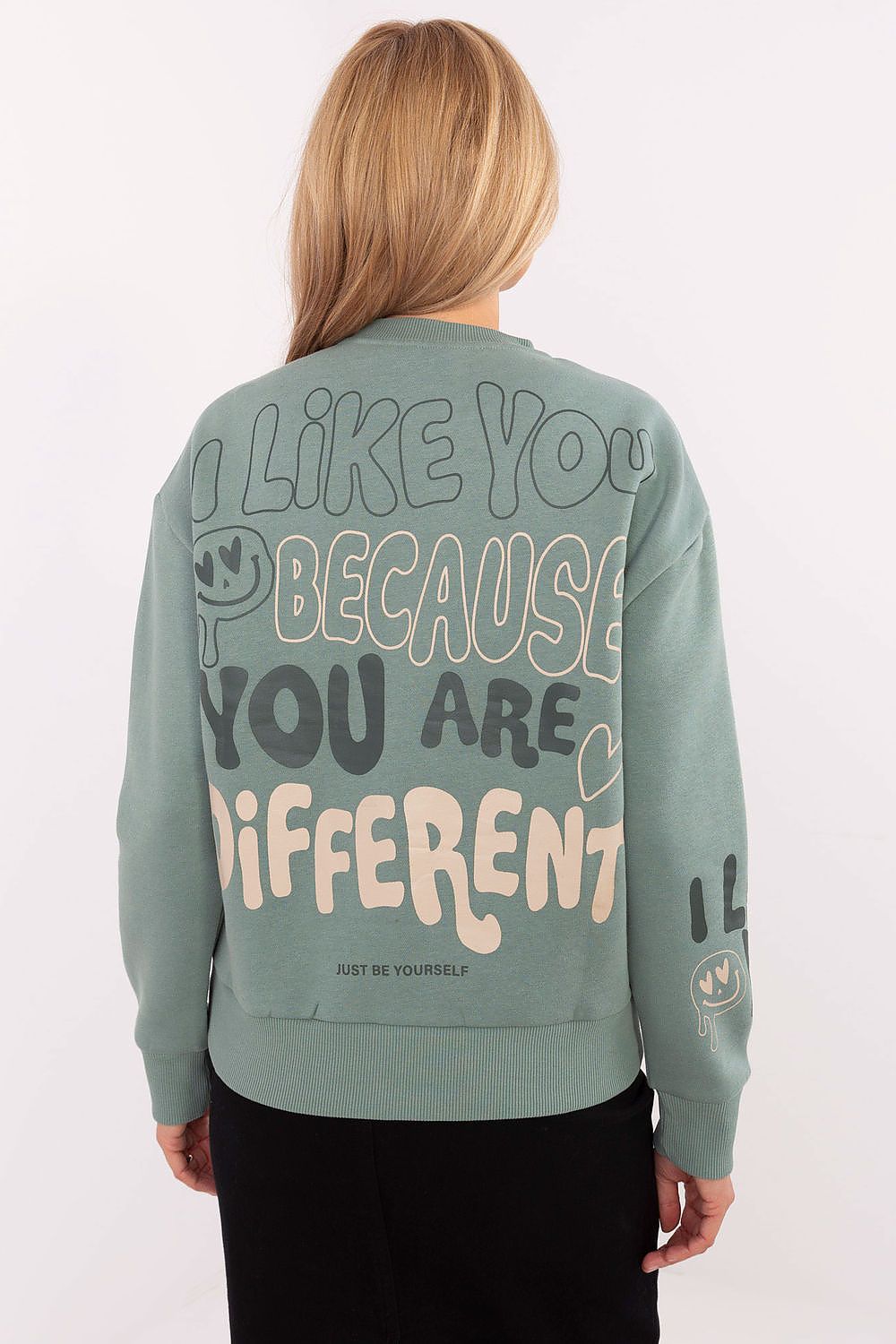 Elegant display of Sublevel women's sweatshirt featuring a classic round neckline and original prints, perfect for adding sophistication to casual outfits.