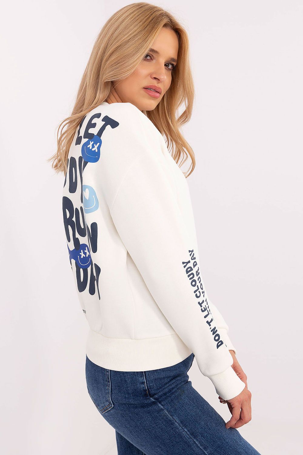 Close-up view of Sublevel Women's casual sweatshirt, showcasing premium quality fabric blend and unique print designs on the front, back, and sleeves for a chic look.