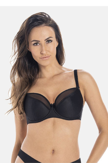Luxurious semi-soft black bra designed by Teyli, featuring underwires and delicate mesh detailing for elegance and breathability. Perfect fit with adjustable straps for optimal comfort.