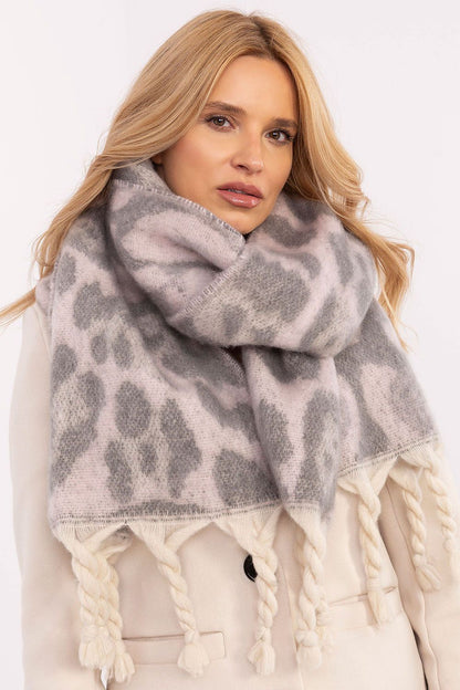 Elegant 214 cm polyester shawl scarf with animal motif and decorative fringes by AT, perfect for adding a stylish touch to your winter outfit.